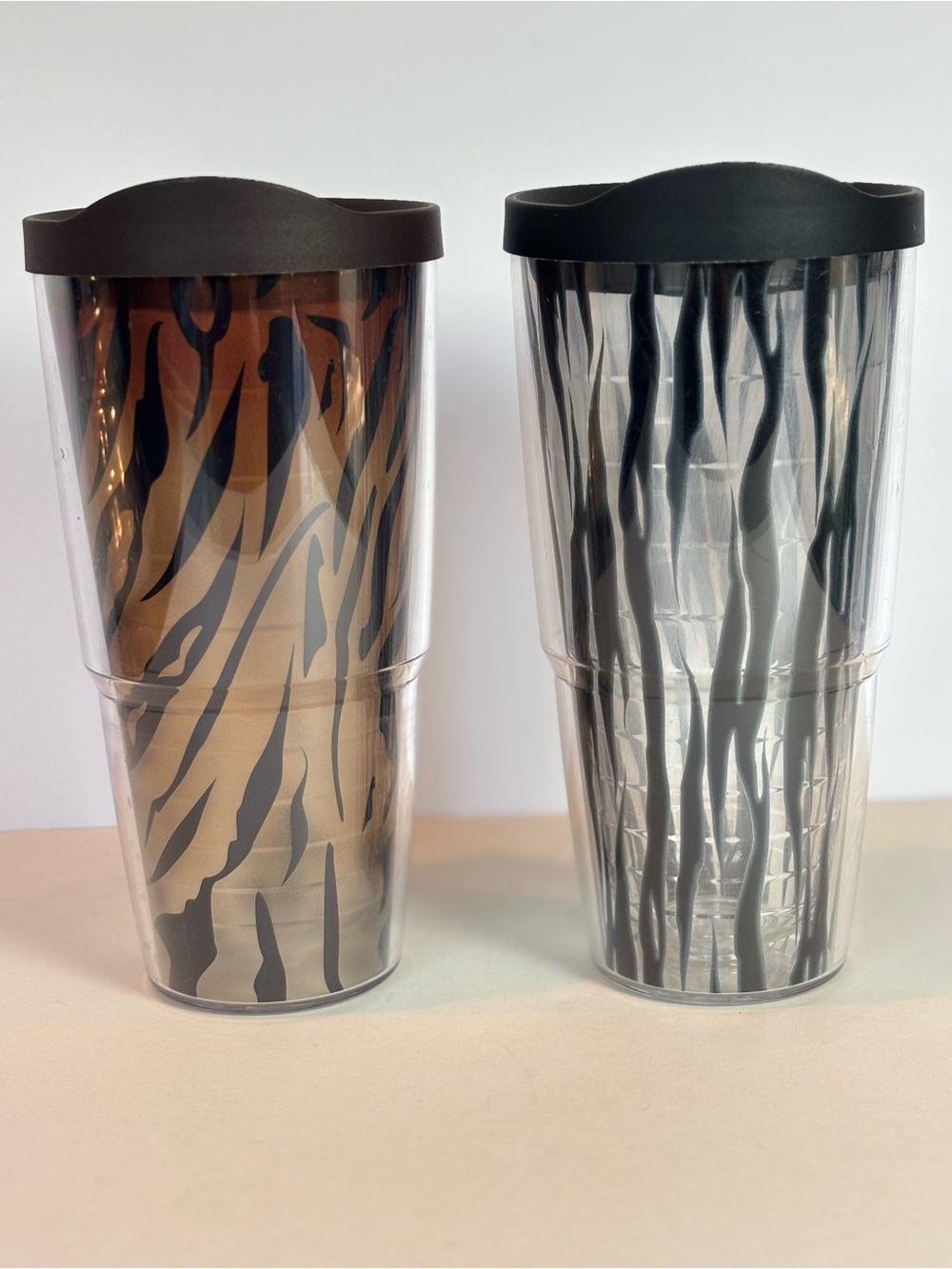 TWO! Tervis 24 oz Animal Print Hot or Cold Tumblers with Lids Tiger Zebra